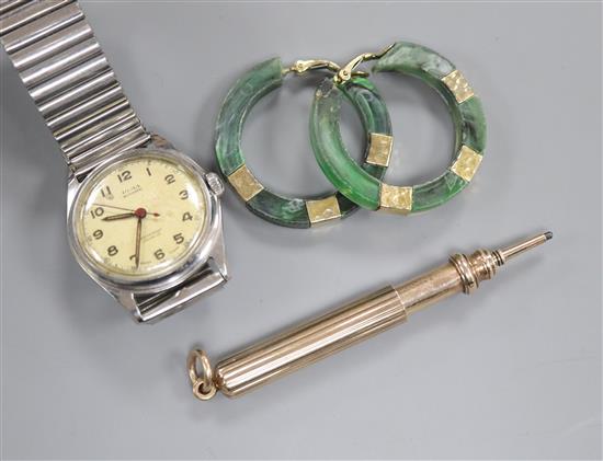 A Sampson Morden and Co yellow metal overlaid propelling pencil, an Olma automatic watch and pair of earrings.